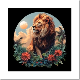 A Proud Lion Relaxes in the Evening Red Flowers In The Jungle The King of the Jungle Lion Posters and Art